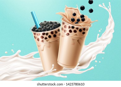 Bubble milk tea ads with delicious tapioca and splashing milk in 3d illustration