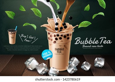 Bubble milk tea ads with delicious tapioca on blackboard background in 3d illustration