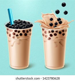 Bubble milk tea ads with delicious tapioca in 3d illustration