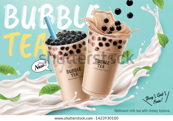 Bubble milk tea ads with delicious tapioca\
and splashing milk in 3d\
illustration