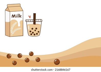 Bubble milk tea background with milk wave and brown balls. Carton of milk and bubble tea cup vector illustration.