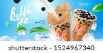 Bubble milk tea banner ads with ice cubes on blue background in 3d illustration