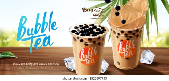 Bubble milk tea banner ads on wooden table and nature bokeh background in 3d illustration