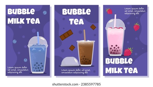 Bubble milk tea banners set. Ingredients for coffee shop. Cafe or restaurant advertisement. Aroma and beverage in plastic cups. Cartoon flat vector collection isolated on white background
