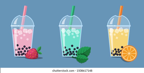 Bubble Milk Tea with berry and tapioca pearls (bobas) vector