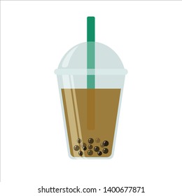 The bubble milk tea. Black pearl milk tea is famous drink large and small cup vector. Glass of drink with tubule and white background.