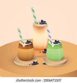 Bubble milk tea with black pearls. background colours. vector illustration. 