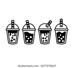 bubble milk tea boba cup drink icons vector design symbol black white color illustration sets