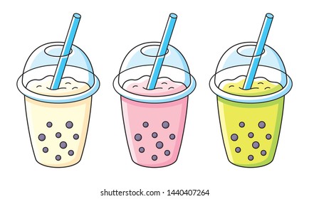 Bubble milk tea or boba cups with tapioca pearls isolated