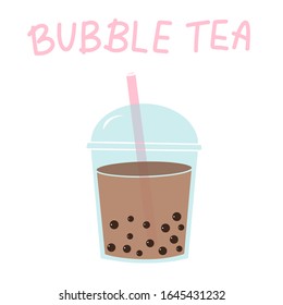 Bubble milk tea. Boba refreshing mixed beverage with pink straw. Vector illustration with hand lettering for catering advertisement, menu template, poster in coffee shop.