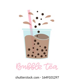 Bubble milk tea. Boba refreshing mixed beverage with pink straw and splashes. Vector illustration with hand lettering for catering advertisement, menu template, poster in coffee shop.