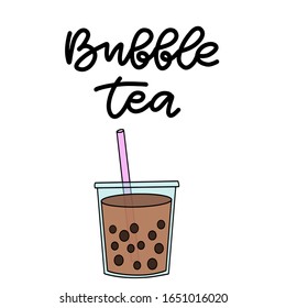 Bubble milk tea. Boba refreshing mixed beverage with pink straw. Vector illustration with hand lettering for catering advertisement, menu template, poster in coffee shop.