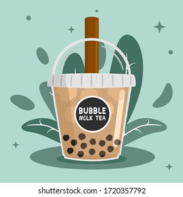 Bubble milk tea with brown straws and Ice cold in the plastic cups decorated with leaves and green backgrounds. Vector illustrator flat design.