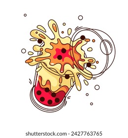 Bubble milk tea cartoon sticker. Funny retro falling plastic cup with open lid, splashes of yellow and red tea drops, tapioca balls. Cartoon Asian drink patch of 70s 80s style vector illustration