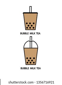 Bubble milk tea, Chaboba, Pearl milk tea, black pearls in plastic glass with covers to take-out. Mock up template for cafe, food delivery tuck, restaurant identity , vector illustration