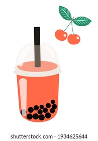 Bubble milk tea with cherry flavor. Modern card with a cup of Taiwanese tea with pearls isolated on a white background. For printing menus, brochures, business cards, kitchen decor textiles. Vector.