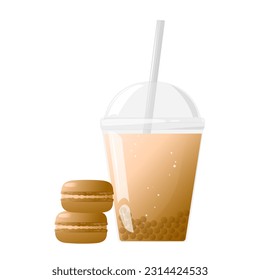 Bubble milk tea with chocolate macaroons. Pearl milk tea with delicious tapioca. Restaurant cafe menu, template design, food flyer, menu restaurant, poster. Vector illustration.