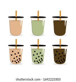 Bubble milk tea, chocolate and matcha green tea in a cup. -Vector