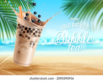 Bubble milk tea with chocolate on summer beach, cold brewed drink background. Bubble tea cup or iced coffee or choco beverage with balls in cocoa milk splash and drinking straw with summer palms