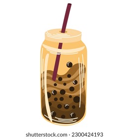 Bubble milk tea or Coffee Drink. Cold coffee in a glass with with tapioca pearls. Special Promotions design, Boba milk tea, Pearl milk tea. Design template. Flat Vector Illustration Isolate