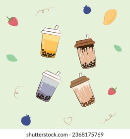 Bubble milk tea color flat vector in cartoon style. Food and drink concept. Boba milk tea, pearl milk tea, boba tea.