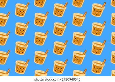 Bolha de chá de leite padrão colorido sem costura doodle no fundo azul definido para culinária. Boba Thai chá desenho animado padrão fundo para bebida. Pérola chá bebida isolada motivo ilustração para cafés