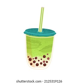 Bubble milk tea in cup. Asian pearl matcha drink with boba, tapioca balls. Fresh fruit bubbletea in glass with straw. Cold summer cocktail. Flat vector illustration isolated on white background