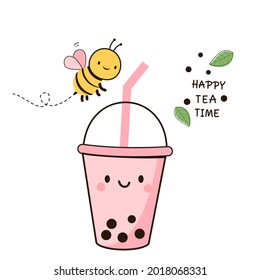 Bubble milk tea cup with bee, green tea leaves and hand written font isolated on white background vector illustration. Cute cartoon food.