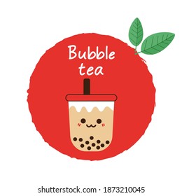 Bubble milk tea cup with cute face on red circle label and green tea leaves vector illustration. Cute cartoon design.