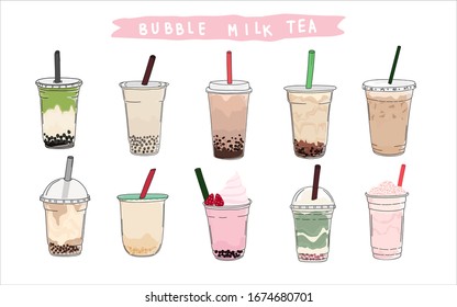 Bubble milk tea cup design collection,Pearl milk tea , Yummy drinks, coffees and soft drinks with doodle style banner . - Vector