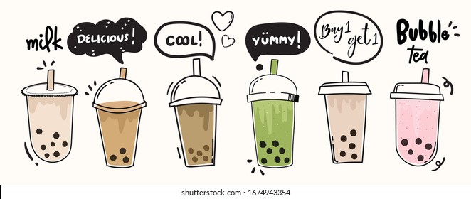 Bubble milk tea cup design collection,Pearl milk tea , Yummy drinks, coffees and soft drinks with doodle style banner and sale poster. - Vector illustration.