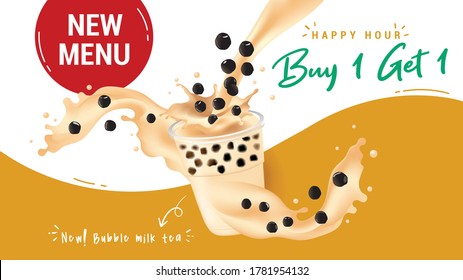 Bubble milk tea cup design collection,Pearl milk tea , Yummy drinks, coffees and soft drinks with doodle style banner and sale poster. - Vector illustration.