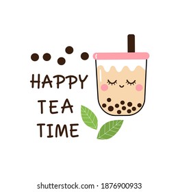 Bubble milk tea cup with green tea leaves and hand written font icon isolated on white background vector illustration. Cute cartoon style.