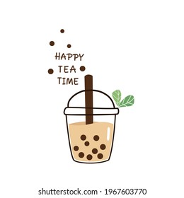 Bubble milk tea cup with green tea leaves icon isolated on white background vector illustration.