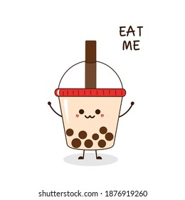 Bubble milk tea cup with hand written font icon isolated on white background vector illustration. Cute cartoon style.