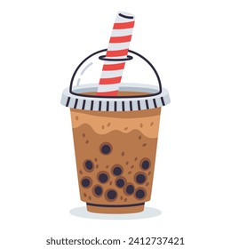 Bubble milk tea cup. Hand drawn chinese tapioca pearls boba tea or coffee drink, taiwan milk tea, soft drink flat vector illustration. Bubble tea cup