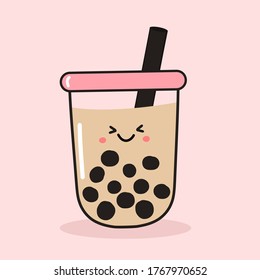 Bubble milk tea cup icon isolated on pink background vector illustration. Cute cartoon character.