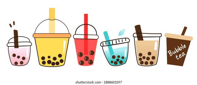 Bubble milk tea cup icons isolated on white background vector illustration. Cute cartoon beverage icon set.