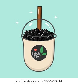 Bubble milk tea cup isolated on green background vector illustration.