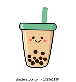 Bubble milk tea cup isolated on white background vector illustration. Cute cartoon food icon.