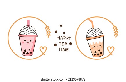 Bubble milk tea cup logo sign isolated on white background vector illustration. Cute cartoon style.