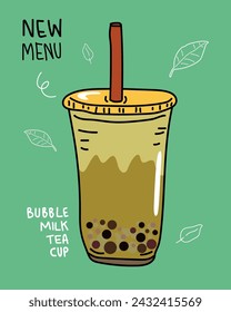 Bubble milk. Tea cup. Pearl milk tea. Doodle style. Logo