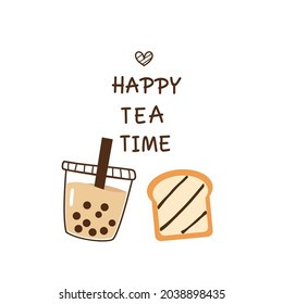 Bubble milk tea cup and slice of bread icons isolated on white background vector illustration.