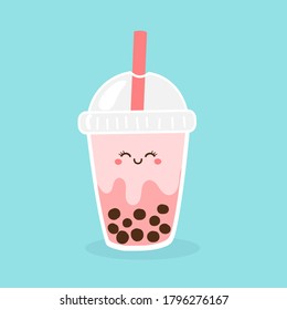 Bubble milk tea cup with straw isolated on blue background vector. Cute cartoon character.
