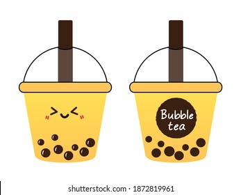 Bubble milk tea cup with straw and hand written font icon sign isolated on white background vector illustration. Cute cartoon character.
