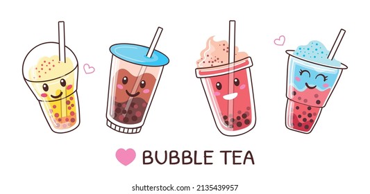 Tomas de leche de burbuja con caras lindas, personajes de bebida de boba. Leche de Perla con perlas de tapioca, serie vectorial de boba de verano frío. Deliciosas tazas de plástico asiáticas con refrescos y pajillas