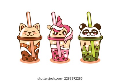 Bubble milk tea with cute cups. Set of illustration fresh drink. Vector.