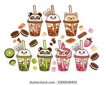 Bubble milk tea with cute cups. Cold cocktails. Set of illustration fresh drink. Vector.