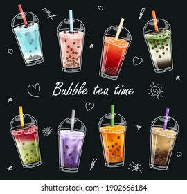 Bubble milk tea design collection. Beautiful hand drawn image in modern artistic style on a dark gray textured background.