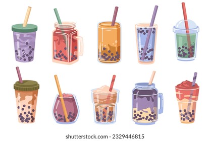 Bubble milk tea design collection, cartoon refreshing drinks of different tastes. Pearl boba milk tea, yummy beverages, coffees with straw in doodle cartoon style, vector illustration